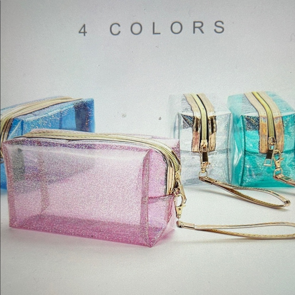 Iridescent Blue Glitter Clear Cosmetic Bag with Gold Trim